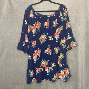 Chris & Carol 3X Top Shirt Blue Floral Boat Neck Bell Short Sleeve Peplum P13
